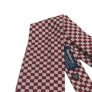 Cravatta Burberrys seta uomo 58” grigio bordeaux gingham plaid vintage anni 90 lusso larga nuova - Foto 1 di 4