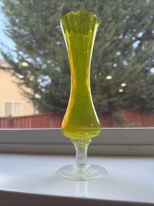 VINTAGE Flower Bud Vase Twisted Stem Glass Bright Fluorescent Yellow 8” Cadmium? - Picture 1 of 10