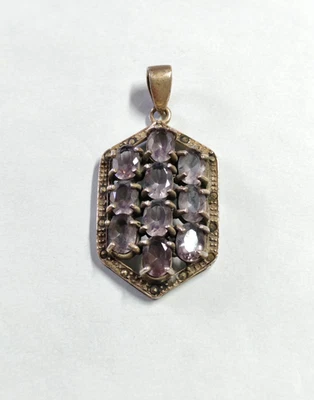 Ciondolo donna stile antico argento 925 ametista pendente marcasite - Immagine 1 di 4