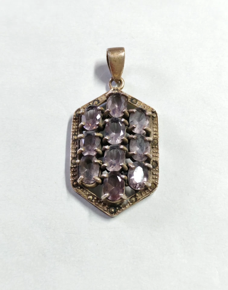 Ciondolo donna stile antico argento 925 ametista pendente marcasite - Immagine 1 di 4