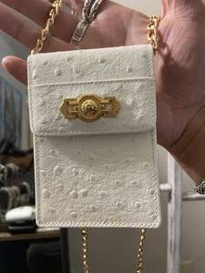 Gianni Versace Gold Sunburst White Ostrich Leather Cigarette Case Pouch W Chain - Picture 1 of 18