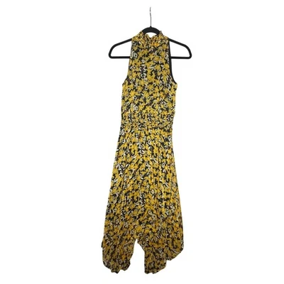 Vestido Sam Edelman Amarillo Negro Estampado Floral Cuello Simulado Volantes Forrado Transparente Talla 2 Foto 1 de 4