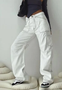 Princess Polly Womens Cargo Pants White Sz 0 Relaxed Fit Hippie Retro Boho Style - Picture 1 of 12