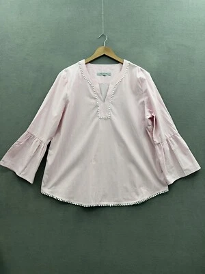 Marc New York Blouse Large Pink White Striped Pom Pom Trim 3/4 Bell Sleeve - Image 1 of 4