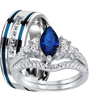 His and Her Wedding Set Sapphire Blue CZ Engagement Couples TRIO Rings Him Her - Picture 1 of 6