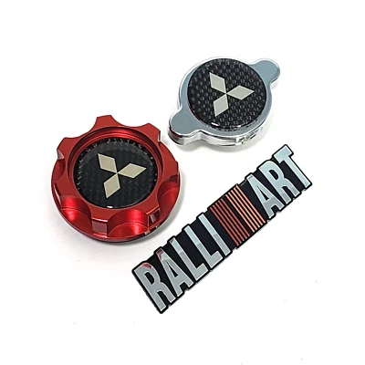 MITSUBISHI OIL CAP RED + RADIATOR CAP CARBON FIBER ECLIPSE MIRAGE LANCER EVO JDM - Image 1 of 4