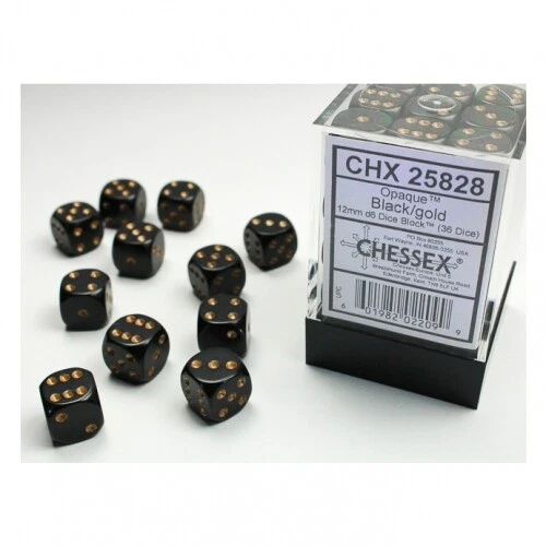Dice - 12 Mm - Opaque Black/Gold (Dice Set 36 X W6) — 第 1/1 张图片