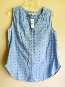 NWT Ann Taylor LOFT Light Blue Red White Silver Sleeveless Button Front Blouse S - Picture 1 of 7