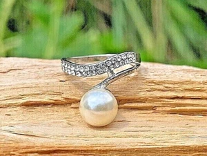 White Pearl Crystal Rhinestones Steel Band Rings - Sizes 7.25, 8.5 - Picture 1 of 4