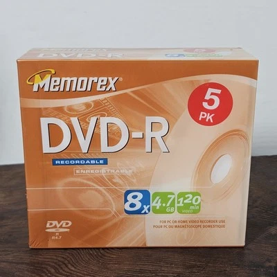 Memorex 5 Pack DVD+R With Cases 8X 4.7GB Media Recordable 120 Min. - New Sealed - Image 1 of 4