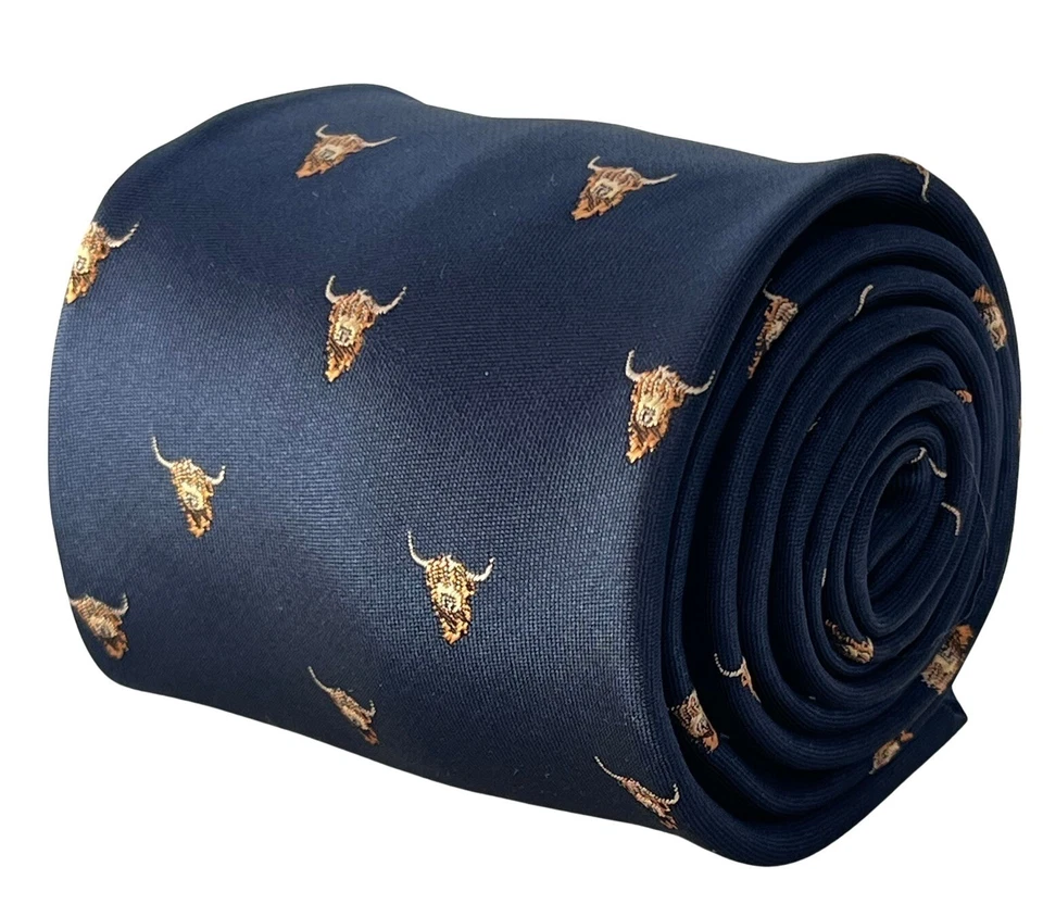 Frederick Thomas navy blue tie with highland cow design farm-ing British