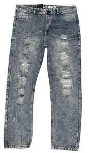 True Rock Men's Jeans 38x30 Slim Straight Distressed Raw Blue Ripped Denim NEW - Picture 1 of 8