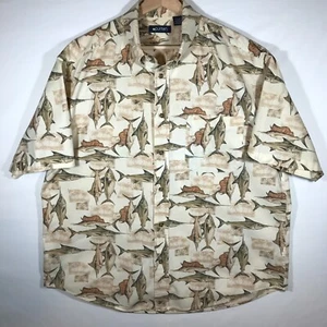 Puritan Men's Large Beige Short Sleeve Button Up Shirt Ocean Game Fish - Picture 1 of 10