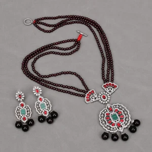 3 Rows Natural Red Garnet Bezel Set Gunmetal CZ Necklace Bracelet Earrings Sets - Picture 1 of 18