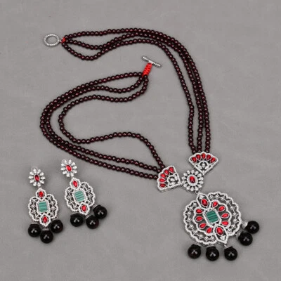 Conjunto de 3 filas de bisel de granate rojo natural Gunmetal circonita cúbica collar pulsera pendientes conjuntos Foto 1 de 2