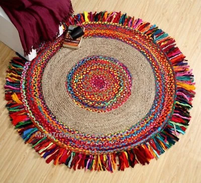 Indian Handmade Braided Jute Chindi Rug with Fringe Round Rug Home Decor - Image 1 of 4