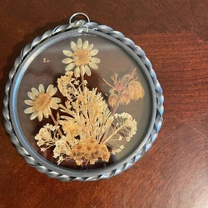 Vintage Real pressed dried flowers Glass Wall Hanging With Metal Twisted Frame - Picture 1 of 8