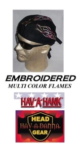 Hav-A-Hank EMBROIDERED DO RAG Tribal Multi Color FLAMES FITTED TIED BANDANA Cap - Picture 1 of 2