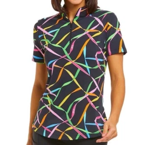 IBKUL Gifted Mock Neck Zip Top Small Short Sleeve Black Multi Shirt Golf Ladies - Picture 1 of 1