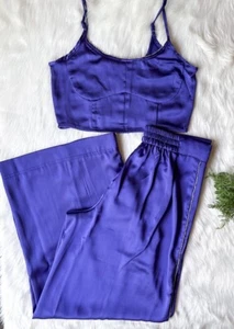 House of Harlow SET Crystal Satin Crop Top Wide Leg Pants Purple M Rhinestone - Picture 1 of 9
