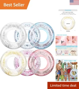 Glitter Pool Float Tube - Transparent Swimming Ring for Kids & Adults - 6 Pack - Picture 1 of 9