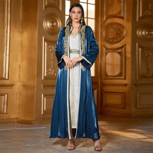 2pcs Open Kaftan Women Long Dress Set Evening Kimono Abaya Muslim Robe Prom Gown - Picture 1 of 12