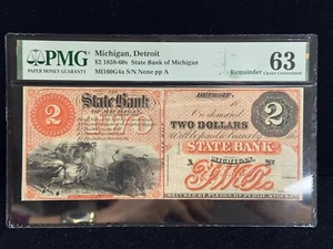 1859 $2 obsoleto - Detroit, Michigan - The State Bank of Michigan - PMG 63 EPQ - Foto 1 di 2
