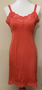 Vintage Full Dress Slip Size 36 Coral Acetate Satin Lace Trim Neckline Hem - Picture 1 of 8