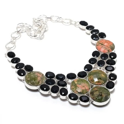 Collana In Argento Sterling 925 Fatta A Mano In Unakite E Spinello 18" - Immagine 1 di 4