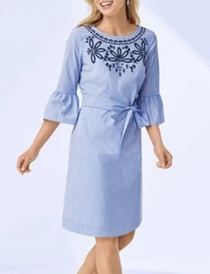 Talbots Size 14 Blue White Embroidered Stripe 3/4 Flounce Sleeve Tie-Belt Dress - Picture 1 of 5