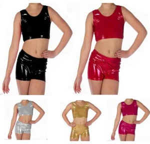 GIRLS SHINY WET LOOK CROP TOP METALLIC GYM BOOK SCHOOL DANCE WEAR 5-13 YEAR - Picture 1 of 6