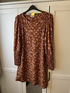 Next Size 14 Orange Floral Retro Style Dress With Long Sleeves