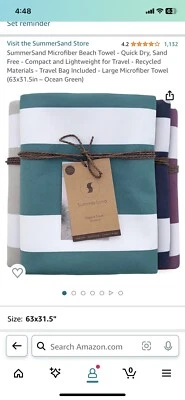 Microfiber Beach Towel Large Quick Dry Sand Free 63 x 31 in Ocean Green White - Image 1 of 4