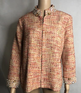 Chicos Blazer Damen 2 L Tweed verziert Jacke Pailletten gefüttert koralle Mantel Neu mit Etikett - Bild 1 von 9