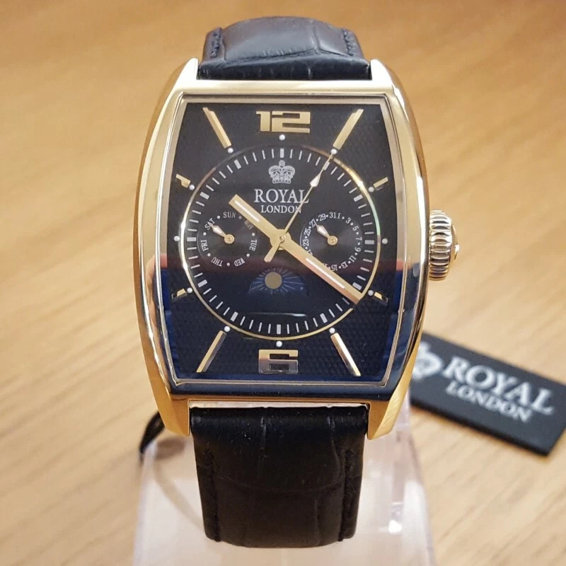 Mens Black Leather Royal London Classic Gold Tonneau Moonphase Watch GREAT GIFT - image 1 of 4