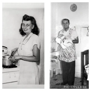 2 Vintage Old 1946 Photo of Newlyweds Working in Kitchen Man Doing Dishes Stove - Picture 1 of 3