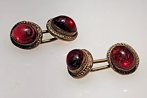 Tiny Vintage Antique Gold Tone Red Glass Cabochon Double Sided Cufflinks AS IS - Picture 1 of 5