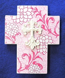 Christian Cross Decorative Pink & White Flowers Stand Alone or Hang Little River - Picture 1 of 1