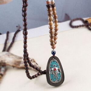 Vintage wooden bead necklace Nepal style pendant