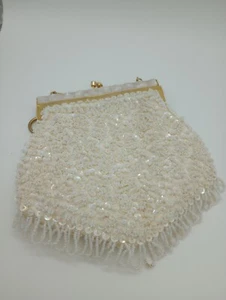 Vintage Cream Ivory Beaded & Sequin Evening Bag Purse Hand Made Hong Kong 1950’s - Picture 1 of 10