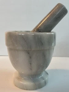 VINTAGE MORTAR IN MARBLE STONE & PESTLE TO COOK OR APOTHECARY GRINDING TOOL - Picture 1 of 23