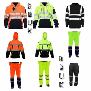 Men's High Vis Safety Wear Patch Zipped Hoodie Fleece Top And Work Trousers - Picture 1 of 11