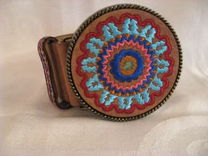 Womens Faux Suede Brown Belt with Boho Style Embroidered Belt Buckle - Picture 1 of 9