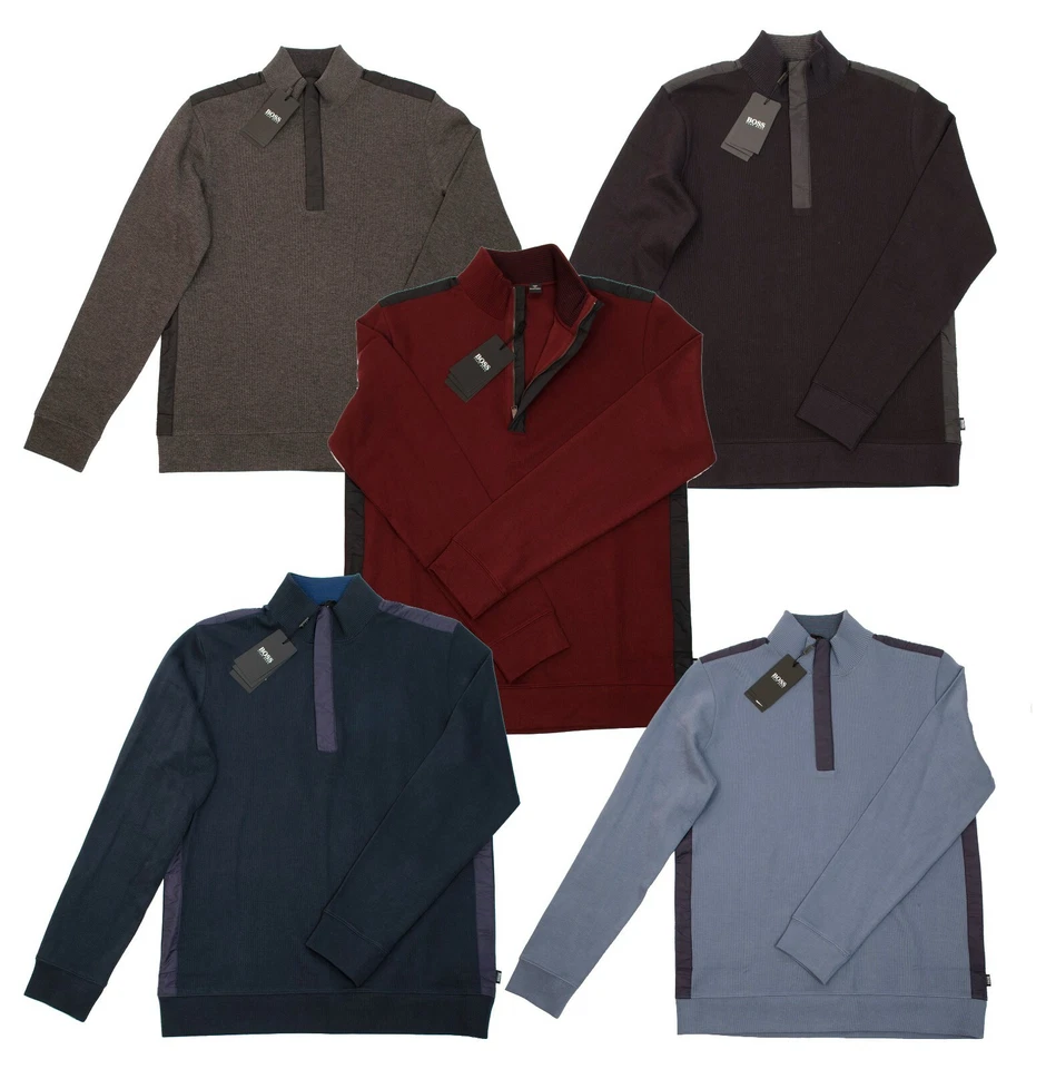 HUGO BOSS MEN'S SIDNEY 55 REGULAR FIT PULLOVER SWEATER 1/4 ZIPPER GREY RED BLUE - Image 1 of 1