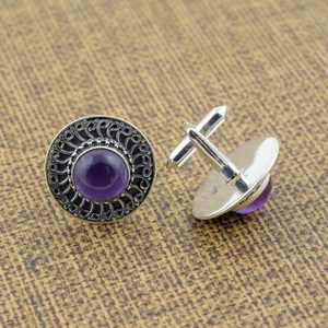 Amethyst Cabochon Gemstone Cufflinks Sterling Silver Groom Jewelry Accessories - Picture 1 of 8