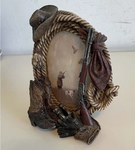 Hunter Western Cowboy Gun Rifle Picture Frame Art Bird Dog Boots Hat Antique NY - Picture 1 of 10