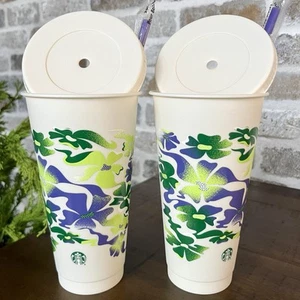 STARBUCKS Earth Day Reusable COLD Cup 24 Oz Set of 2 NEW Green Purple Floral - Picture 1 of 4