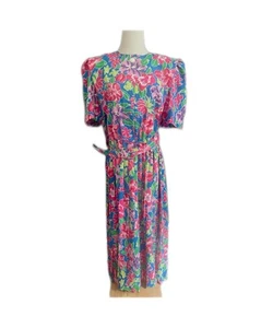 Vintage 80s Classics by Leslie Faye Floral Belt Pleated Midi Dress size 16 - Picture 1 of 5