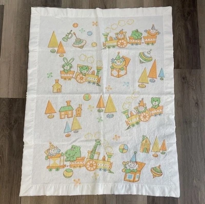 Vintage Carters Clown Fleece Blanket Train Animal White MCM 70s Nylon Trim 36x46 - Image 1 of 4