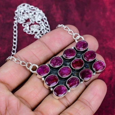 Ruby Lab-Created Gemstone Handmade 925 Sterling Silver Healing Necklace Jewelry - Image 1 of 4